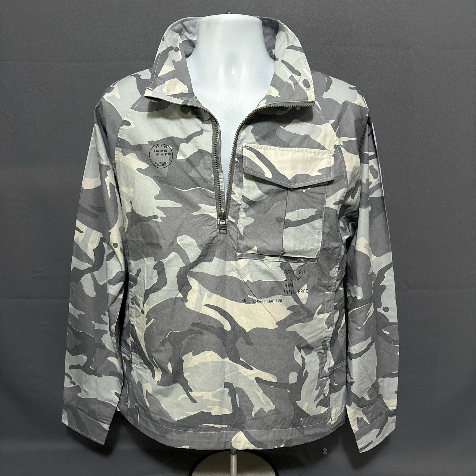 G-Star Raw Overshirt Mens Small Half Zip Gray Camo 3D Flap Pocket $210 NEW
