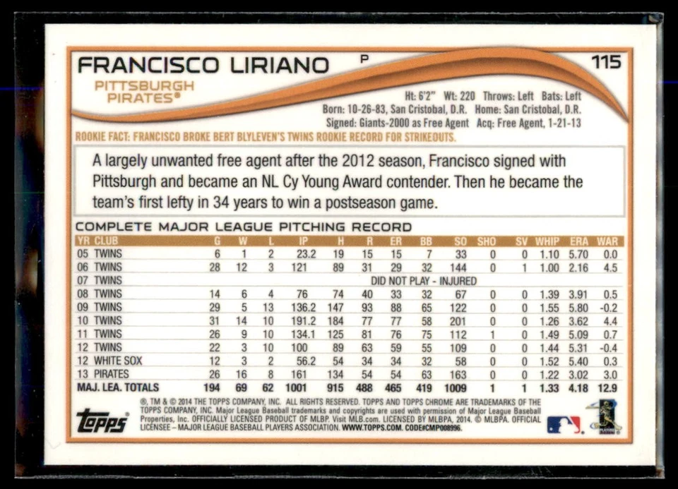 2014 Topps Chrome Francisco Liriano #115 Pittsburgh Pirates - Image 2 of 2