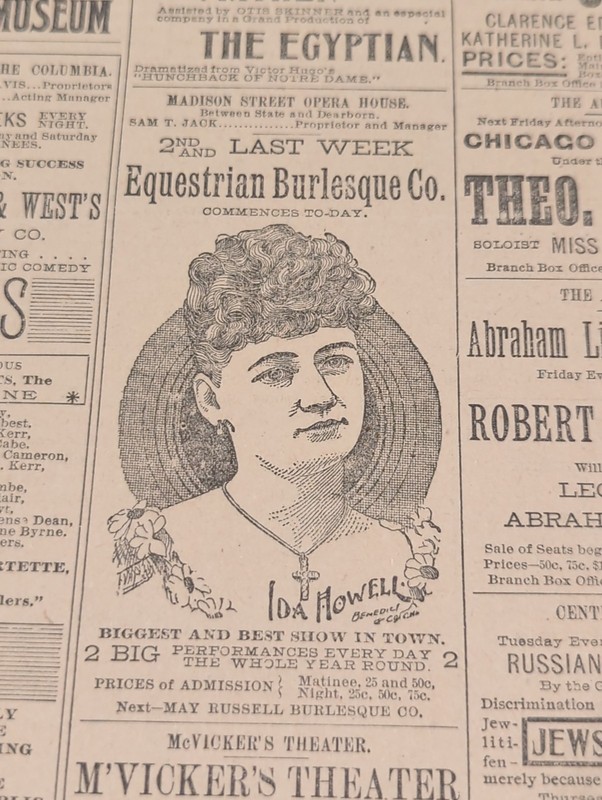 FEB 7, 1892 NEWSPAPER PG #2675- IDA HOWELL, EQUESTRIAN BURLESQUE CO., NYC LIVE