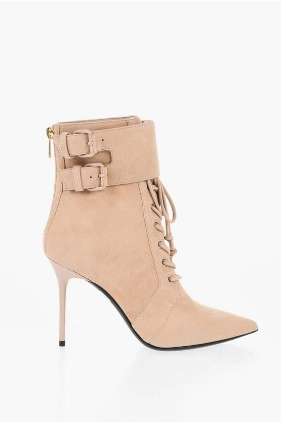 Balmain Uria 米黄色绒面革系带短靴,带扣和 9 厘米细跟 — 第 2/3 张图片