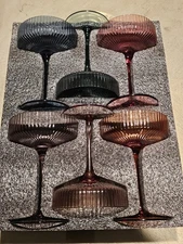 LUXULISH Art Deco Colored Vintage Coupe Glasses Ribbed Crystal Handmade. Setof6