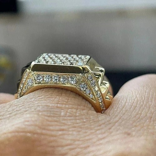 Anillo meñique con sello para hombre pavé helado anillo de diamantes creado en laboratorio oro amarillo de 14 K bien - Imagen 2 de 6