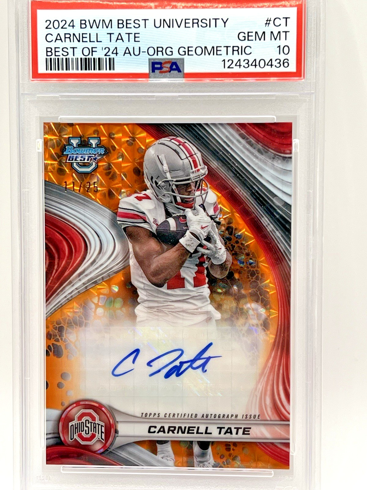 CARNELL TATE 2024 BOWMAN BEST U ORANGE GEOMETRIC /25 PRE RC AUTO PSA 10