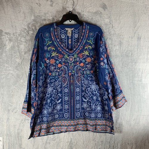 John Mark Damen Tunika Top M Boho bestickt Blumen blau Bluse künstlerisch V-Ausschnitt