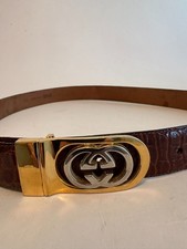 Gucci Men Buckle With Bally Brown Real Crocodile Belt Silver plated white Gold