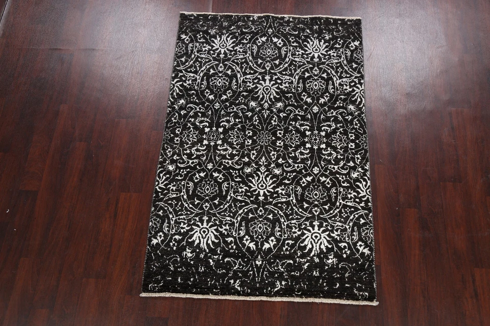 Vegetable Dye Damask Style Modern Rug 4x6 Ft Handmade Abstract Black Area Rug - Image 2 of 4