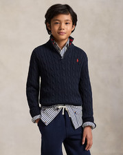 Polo Ralph Lauren Boys 6 Black Cotton Cable Knit Quarter Zip Sweater Preppy NWT