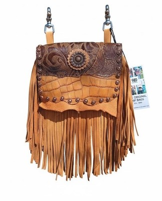 Desert Arabesque Fringed Hip Bag   Embossed Leather, Copper Hardware, Handmade