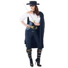 Lady Zorro Costume  Mask Hat Size S - L Womens Mexican Bandit Outfit Halloween