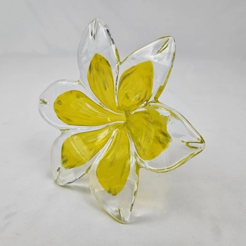 Vintage Murano Style Flower Vase Hand Blown Art Glass Stretch Yellow Lily