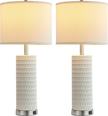 Ceramic Table Lamps Set of 2 White Textured with USB Ports. Touch dimmable.
