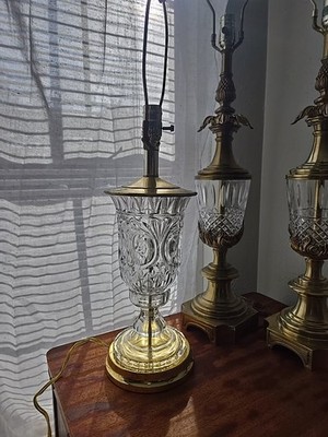 Vintage 2 Luxe Hollywood Regency by Stiffel Brass Flame Cut Crystal Lamps