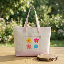 Retro Colorful Flower Pattern Zippered Canvas Tote  Floral Grid