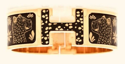 Hermes Clic Clac H Black Enamel  Rose Gold Plated Les Leopards Wide Bracelet