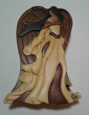 Intarsia Wood Art Carved Puzzle Box Mosaic Angel Trinket Box