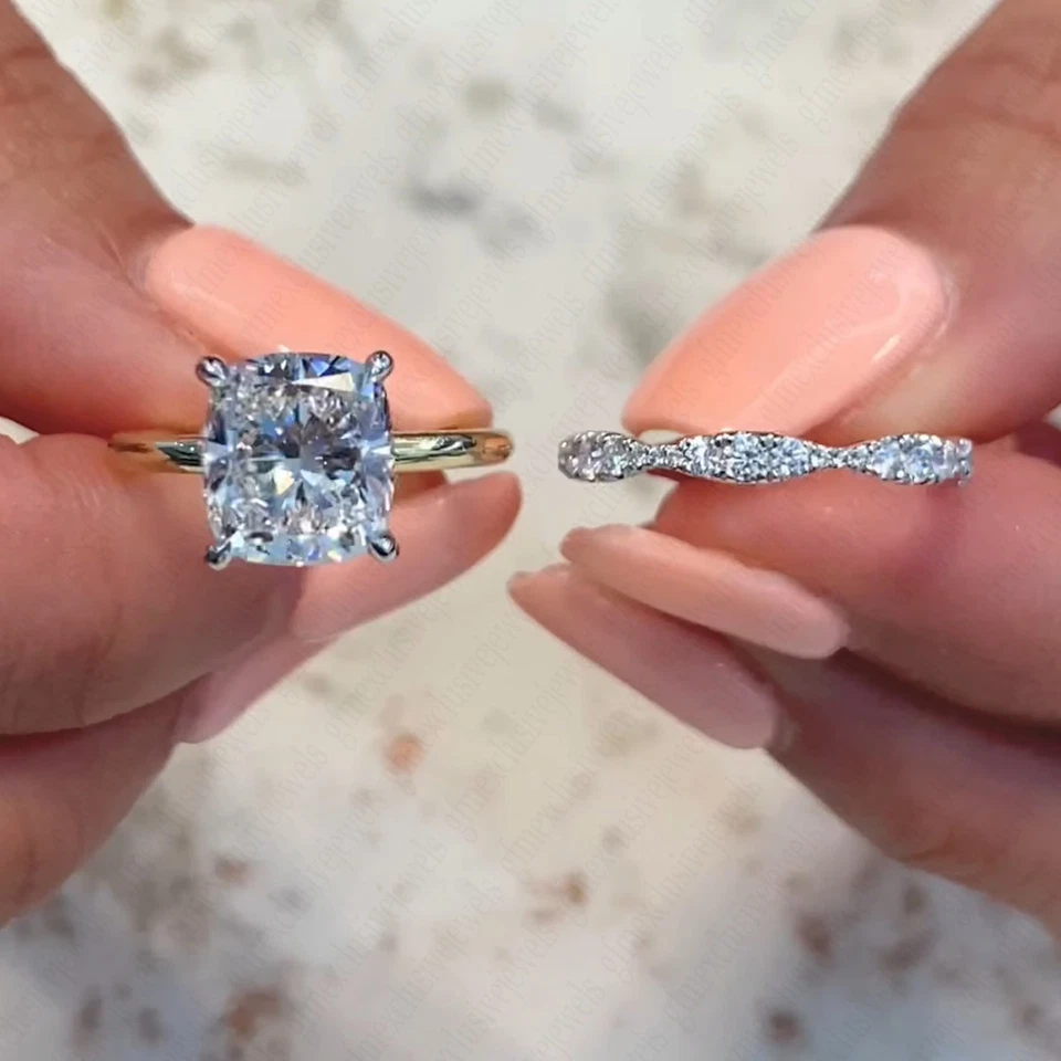 3.89TCW Cushion Moissanite Bridal Set Engagement Ring Solid 14K Two-Tone Gold - Image 3 of 4