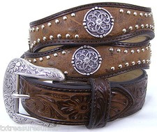 NOCONA BELTS 46 Brown Leather Tooled Scalloped Conchos Studs Hole Support NWT 