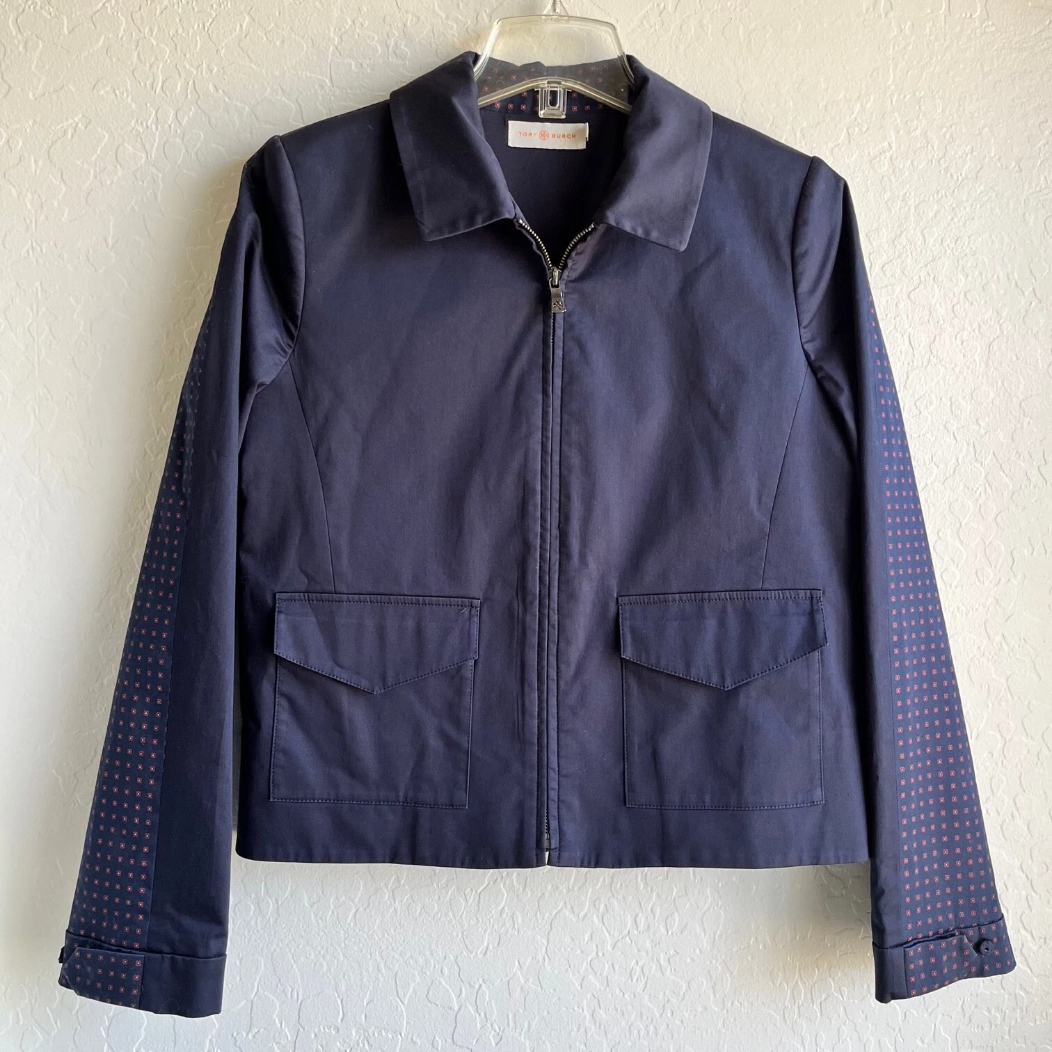 Giacca Foderata Cotone Tory Burch Navy Cappotto Blazer Stampa Blazer Lane Piegate Swing Back 6