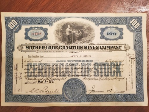 Mother Lode Coalition Mines Company - Stock Certificate (Blue)