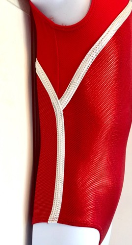 GK RED SHIMMER CHILD MEDIUM TECHMESH WHITE TRIM GYMNASTICS DANCE TANK LEOTARD CM - Picture 3 of 10