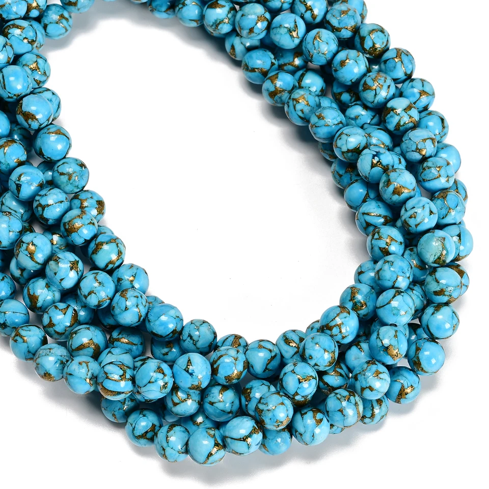 Natural Mohave Copper Blue Turquoise Smooth Round Beads 6mm 8mm 10mm 15.5'' Strd - Image 2 of 3