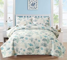 Blue Green Beach Seashell Ocean Coastal Coral 3pc Quilt Set Twin Full Queen King