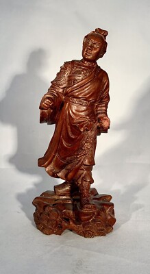 Antique Asian Carved Wood Statue-Warrior-Realistic Eyes-8.5 