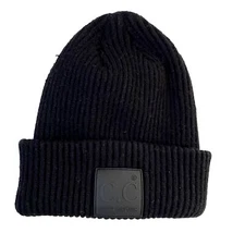 C.C Exclusives Solid Ribbed Cuffed Beanie with Rubber Patch Black One Size