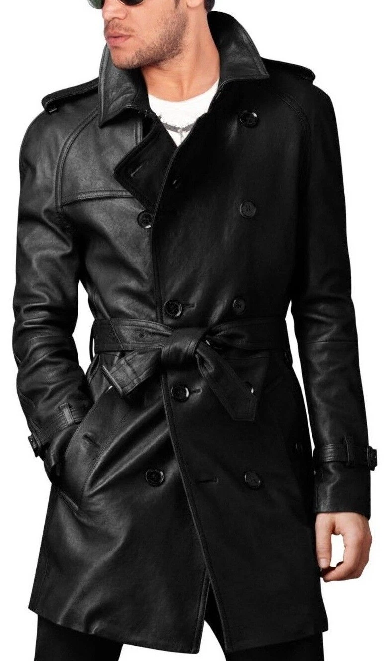 Coat Leather Long Jacket Mens Trench Black Men Sheepskin Length Winter Biker 8