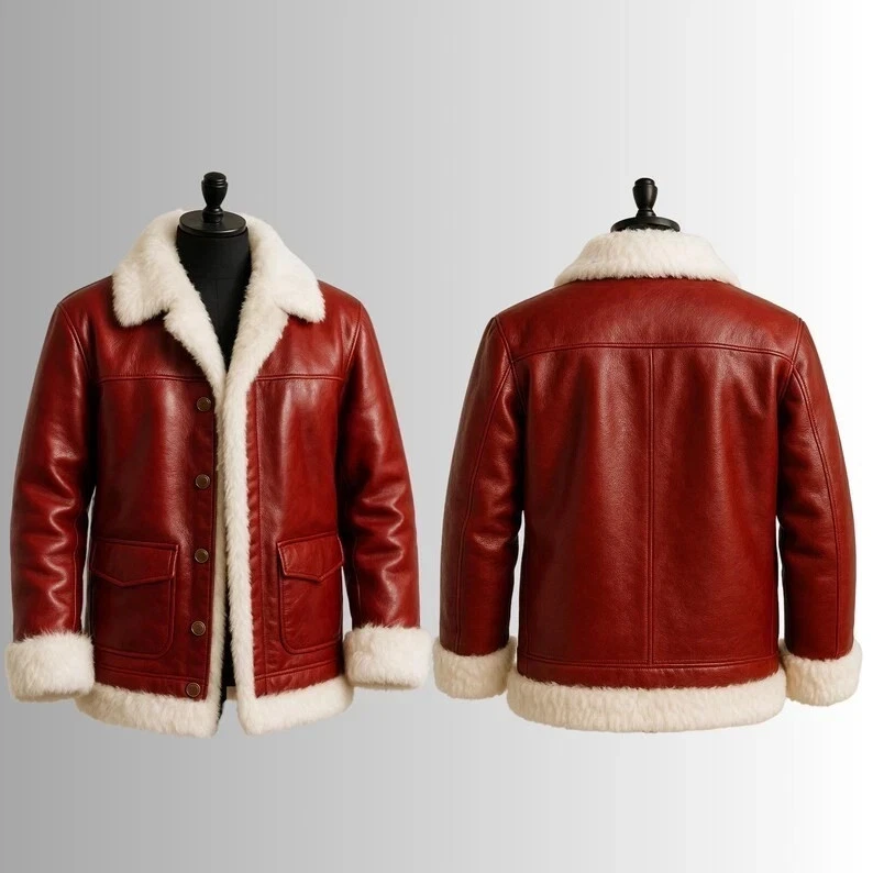 Men’s Santa Claus Red Real Leather Christmas Shearling Style Bomber Fur Jacket - Image 3 of 4