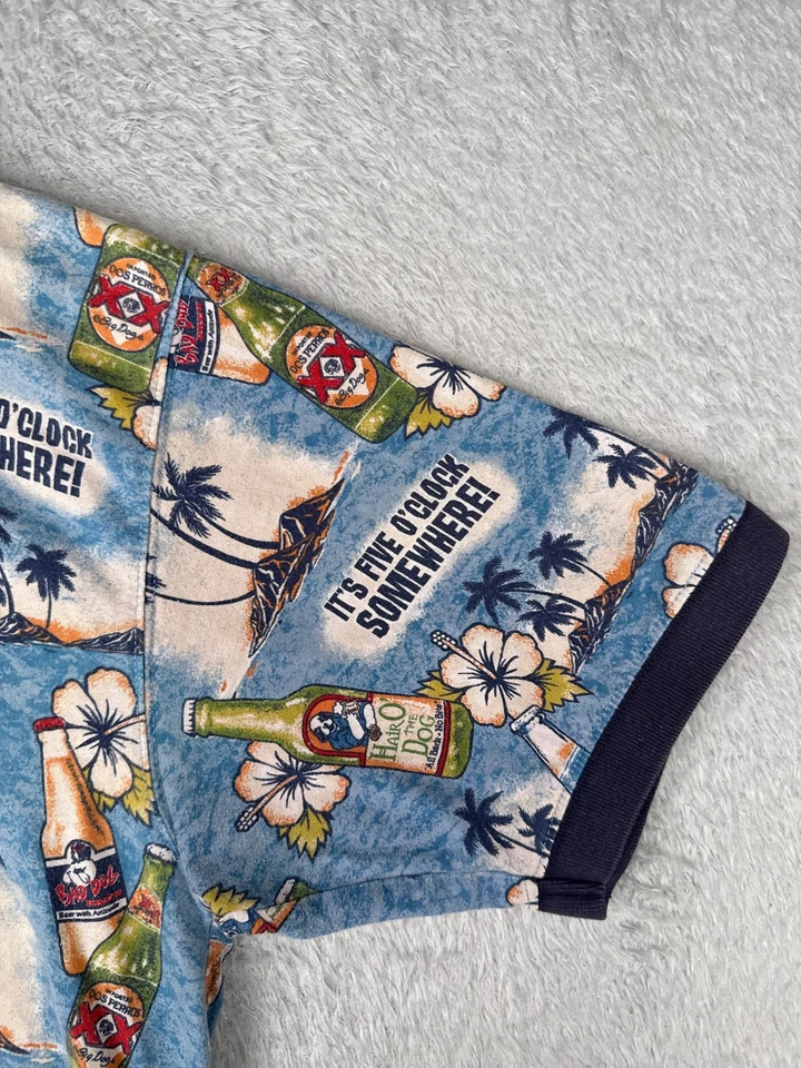 ВИНТАЖНЫЙ большой собак рубашка-поло взрослых 2XL XXL синий цветочный пиво ладони хлопок гавайский - Изображение 2 из 4