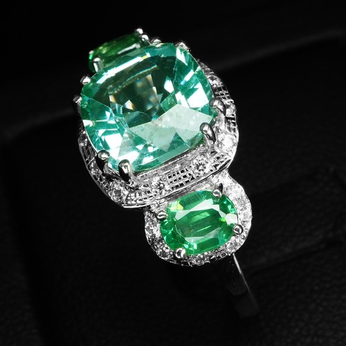 Seafoam Green Paraiba Tourmaline 3.90Ct 925 Sterling Silver Three Stone Rings - Picture 4 of 9