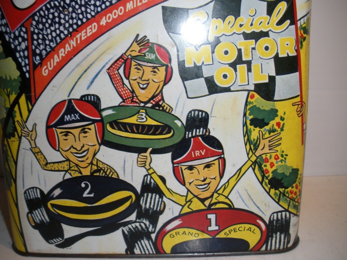 Vintage Oil Can Grand Champion Special Motor Oil 2 Gallon w/ Auto