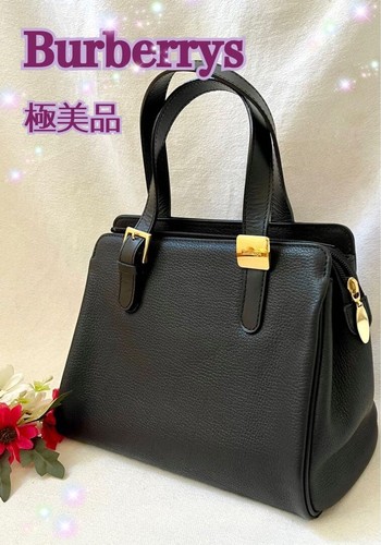 Burberrys Black Leather Formal Handbag Nova Check Gold Hardware Auth