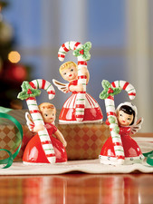 Vintage Ceramic Candy Cane Girl Angel Trio Christmas Figurines Holiday Set Of 3