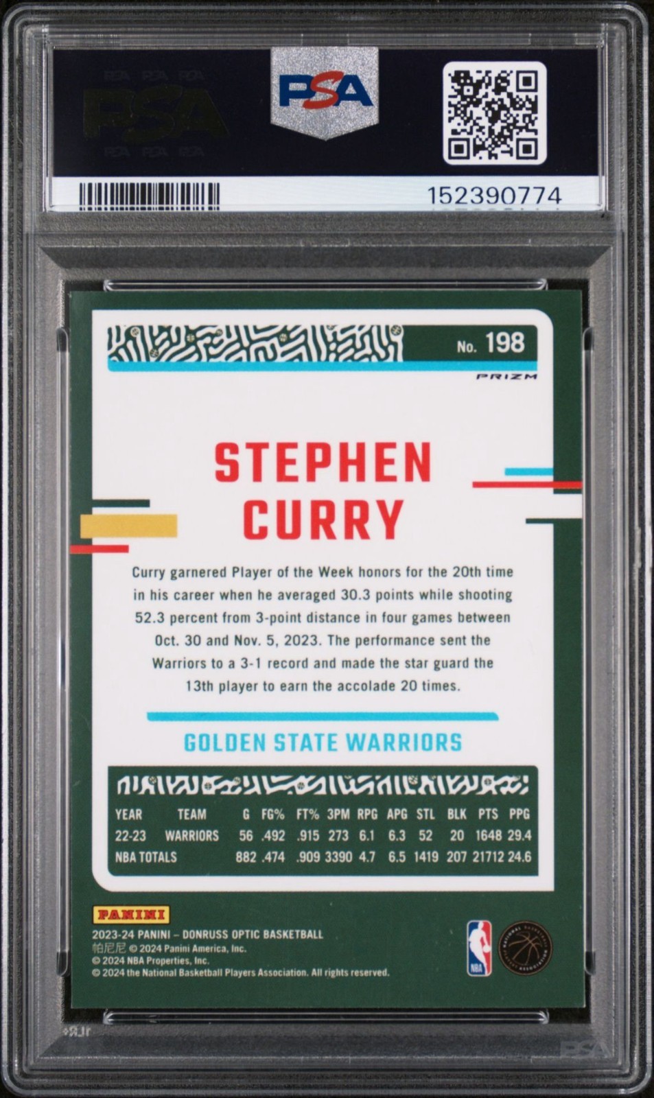 STEPHEN CURRY PSA 9 ~ HOLO PRIZM ~ 2023 DONRUSS OPTIC #198 ~ WARRIORS view 3