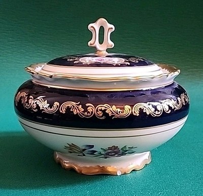 Reichenbach Echt Kobalt Blue and 24K Gold Porcelain Candy Bowl with Lid, Germany