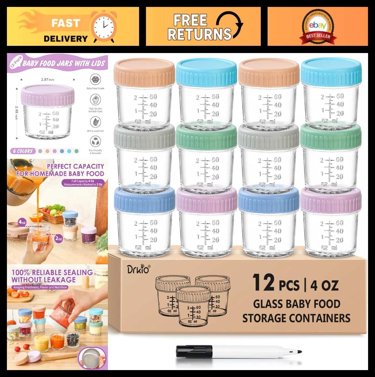 12 Pack Glass Baby Food Storage Containers - 4oz Jars, Microwave & Freezer Safe,