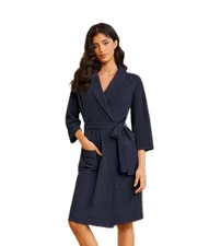 Ekouaer Navy Waffle Robe 3/4 Sleeve Knit Bathrobe Soft Lightweight Knee Length