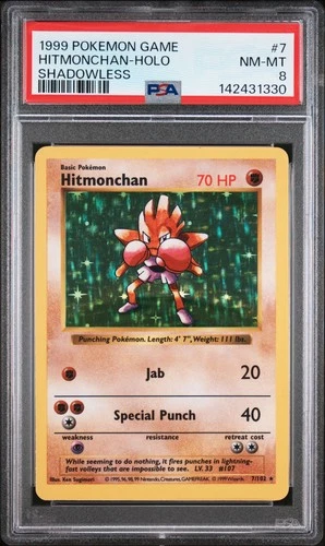 1999 POKEMON BASE SET SHADOWLESS #7 HITMONCHAN-HOLO PSA 8