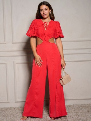 Chicways Cut- Out Eyelet Jumpsuit  Red  Lined  Medium