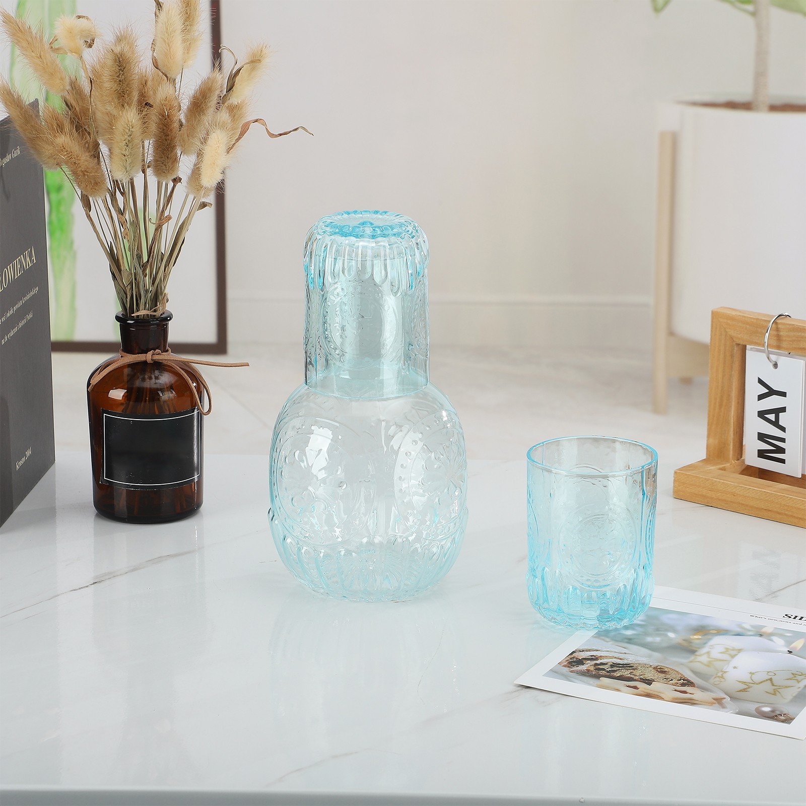 Jug And Glass Set Bedside Water Carafe Crystal Bottle Retro With Relief For Juic
