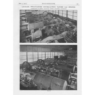 GALLOWAYS Ltd 1650-PS Zweizylinder Tandem Gasmotor 3x antike Drucke 1923