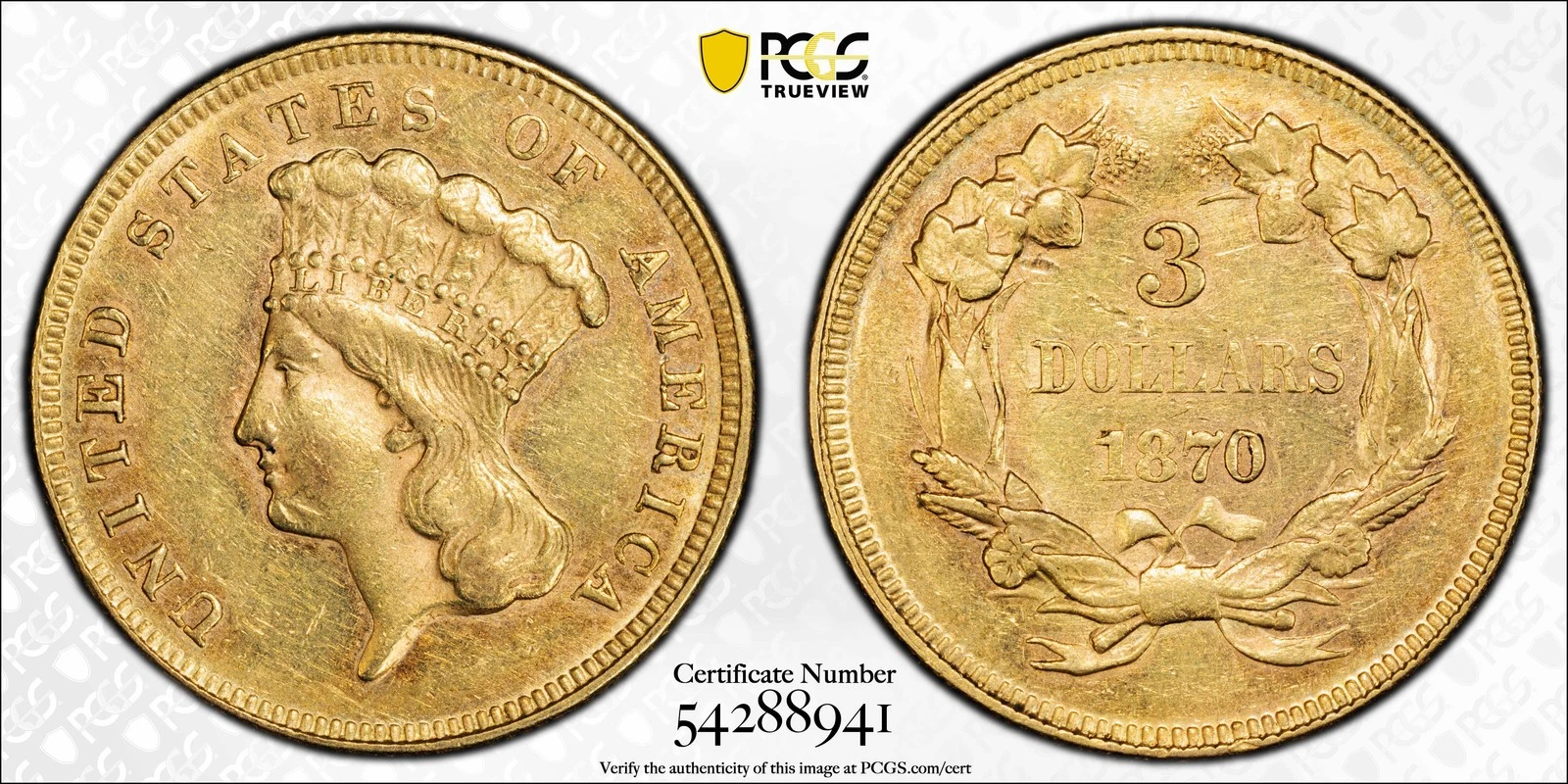 1870 GOLD INDIAN PRINCESS HEAD $3 PCGS AU 55