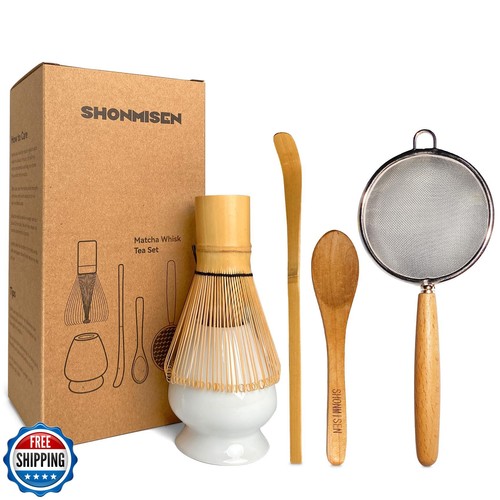 SHONMISEN Bambus Matcha Schneebesen Set - Matcha Schneebesen (Chasen), Schneebesenhalter (weiß),