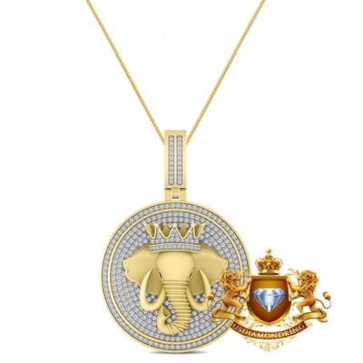 Real VVS1/D Moissanite Lucky Elephant Head Royal Crown King Face Charm Pendant