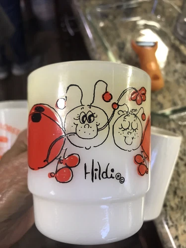 FIRE KING VINTAGE MILK GLASS COFFEE MUG HILDI LADY BUGS