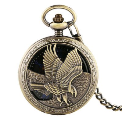 Bronze hohler Adler Skelett Handaufzug mechanisch Taschenuhr Anhänger Kette