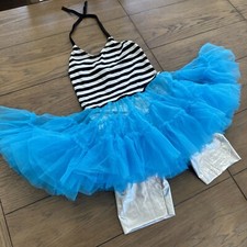 Vtg 80 s 90's Dance Recital Costume Tutu Turquoise Silver Lam Stripes Girl M MC