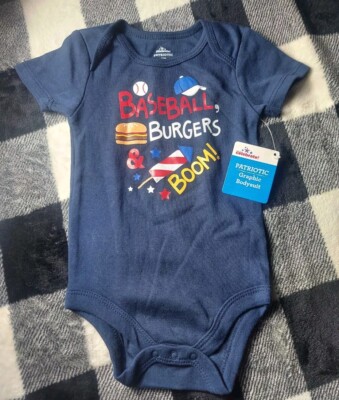 NWT Infant Baby Boys Navy Blue Baseball Burgers & Boom Patriotic Bodysuit Outfit